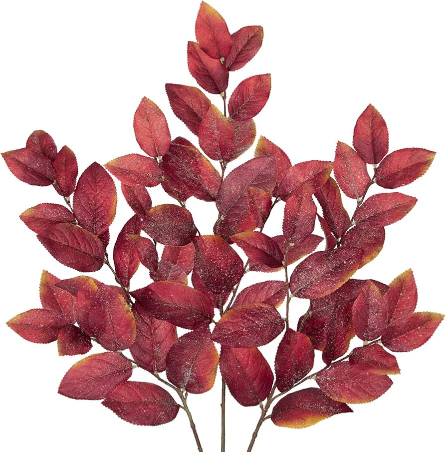 3PCS Artificial Frosted Elm Branch - 29" Fake Fall Leaves, Burgundy Faux Floral Stems for Vase, T... | Amazon (US)