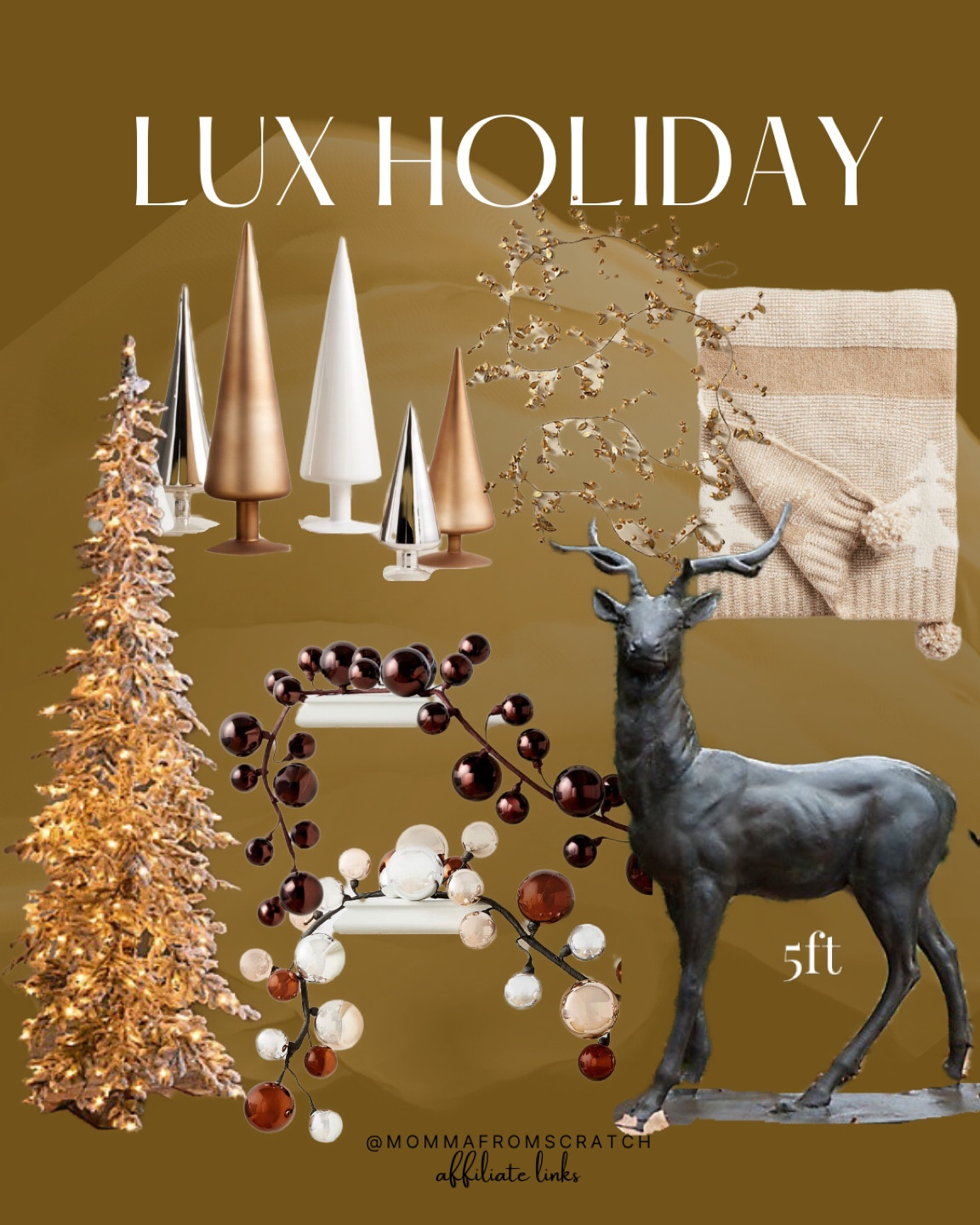 Luxury holiday decor for a timeless high end look! Metallic gold garland, metallic trees, flocked Christmas tree, tall stag, reindeer, Christmas blanket, ornament garland, jingle bell garland. 

#LTKhome #LTKSeasonal #LTKHoliday