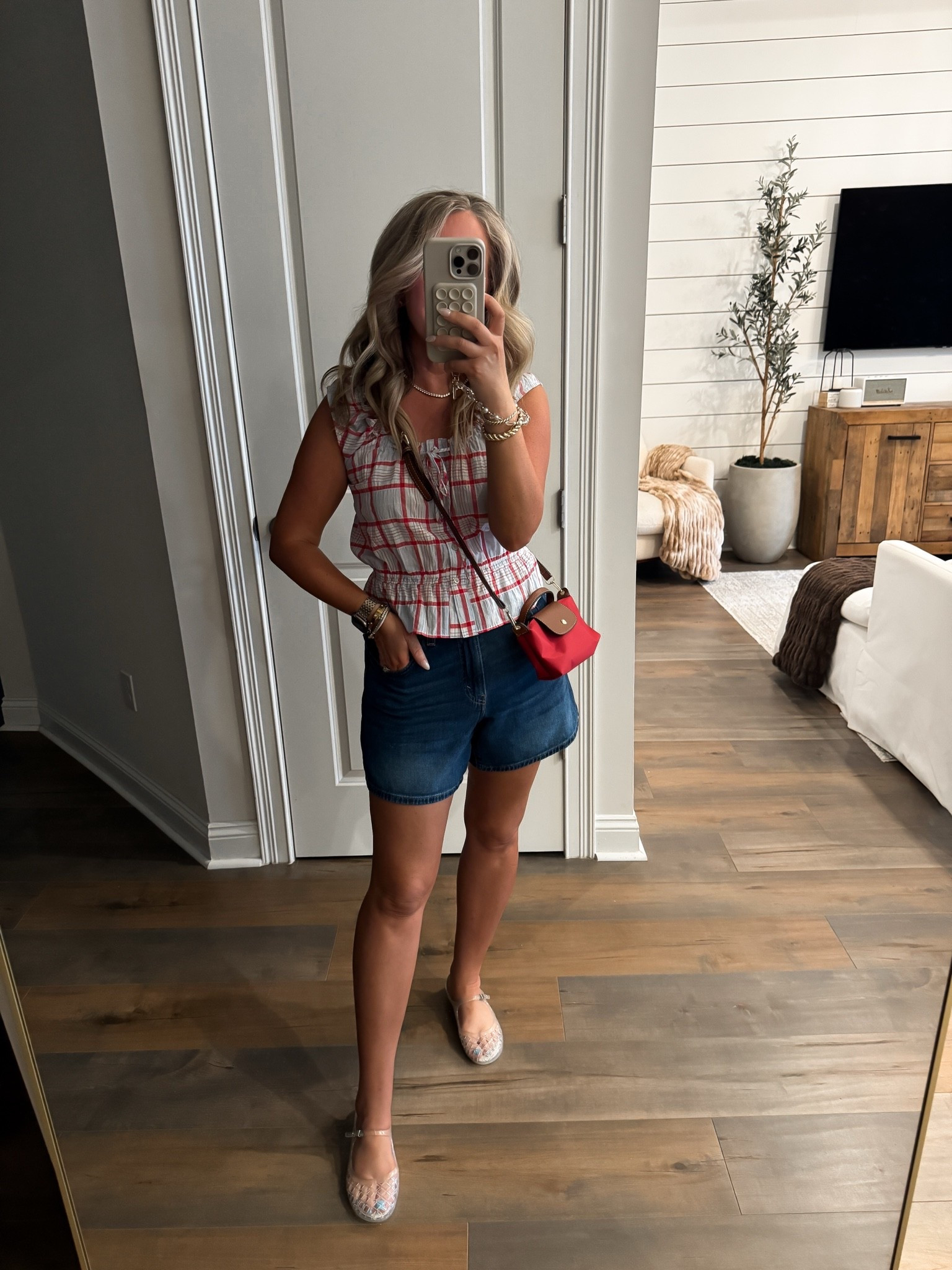 Target fashion target finds spring outfit summer outfit Memorial Day weekend outfit mdw outfit July 4th outfit plaid tank size small and denim shorts size 29 (5’2 1/2 140 lbs)