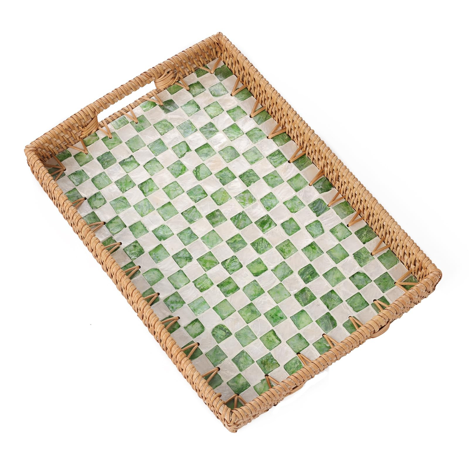 Rectangle Rattan Tray with Mother of Pearl Inlay, Rattan Serving Tray with Handle for Coffee, Bre... | Amazon (US)