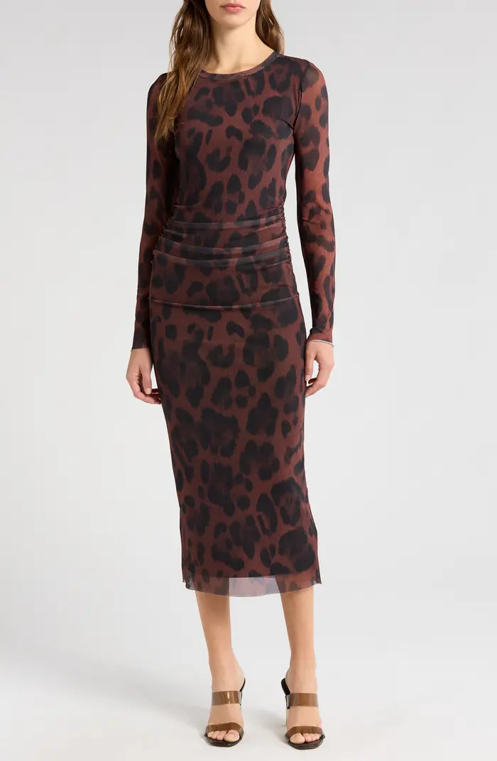 Ruched Long Sleeve Mesh Midi Dress | Nordstrom