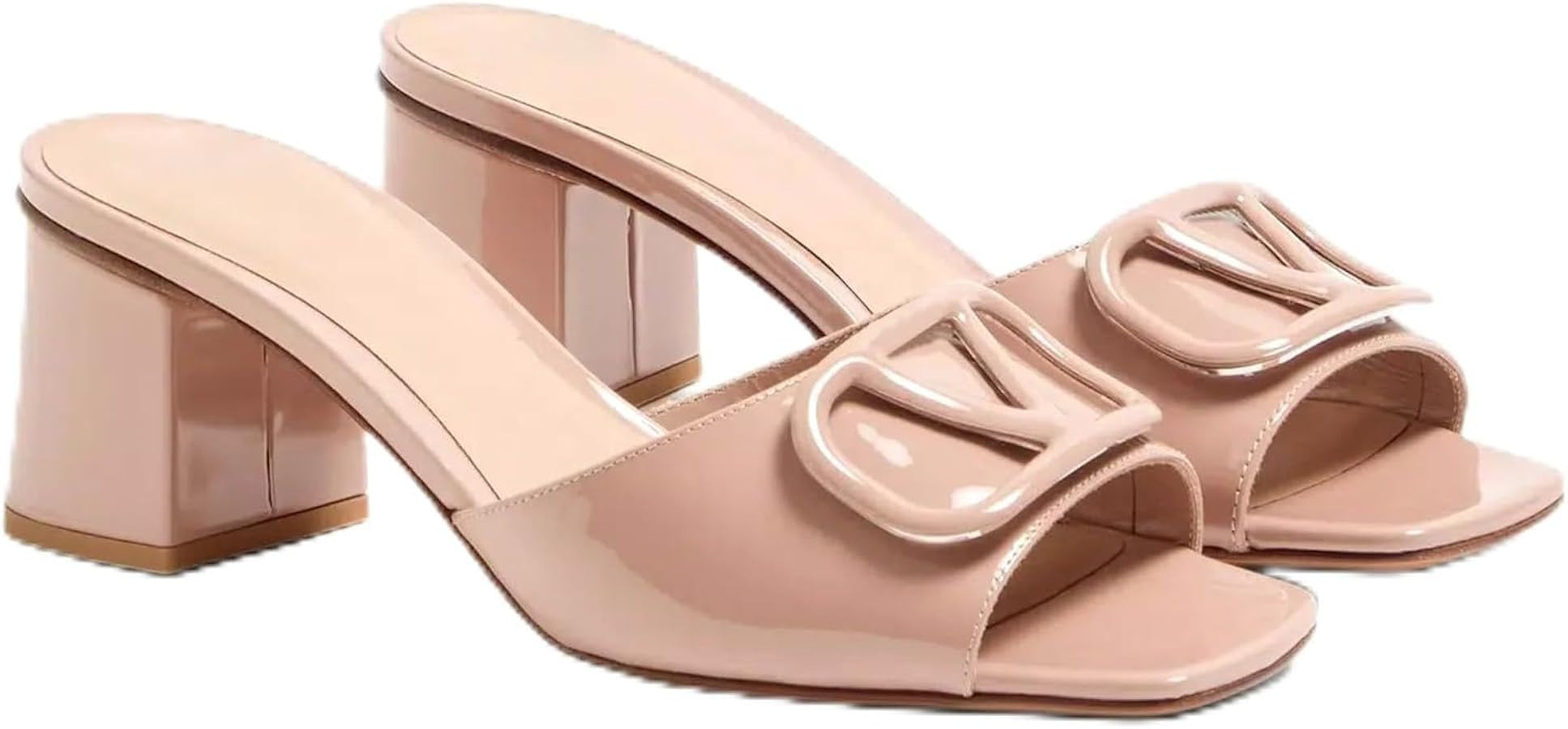 Women's Patent Leather Square Toe Block Heel Mule Sandals - V-Buckle Decor Slip-On Heeled Slides ... | Amazon (US)