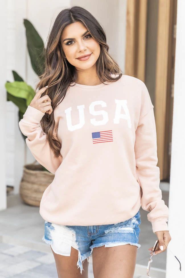 Athletic USA Flag Peach Graphic Sweatshirt | The Pink Lily Boutique