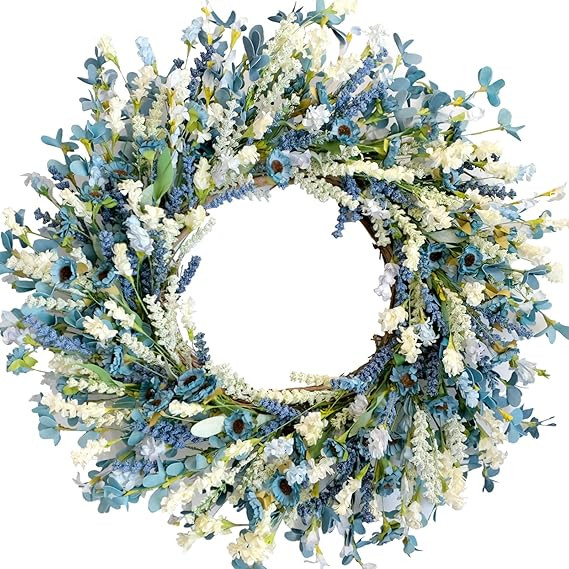 Egolot 26 Inch Summer Spring Blue Ivory Lavender Flower Wreath for Front Door, Rustic and Farmhou... | Amazon (US)