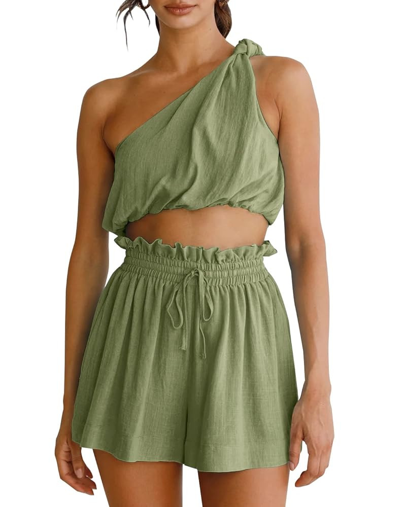 Imily Bela Womens 2 Piece Outfits Linen Matching Sets Two Piece Crop Tops and Paper Bag Waist Sho... | Amazon (US)