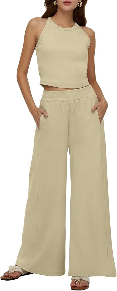 DEEP SELF Women's Summer 2 Piece Outfits Sleeveless Ribbed Knit Crop Tank Tops Matching Wide Leg ... | Amazon (US)