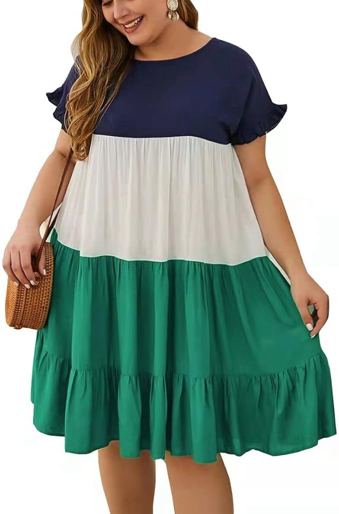 YOXUA Womens Plus Size Dress - Ruffle Short Sleeve Crewneck Color Block Loose Summer Beach Swing ... | Amazon (US)
