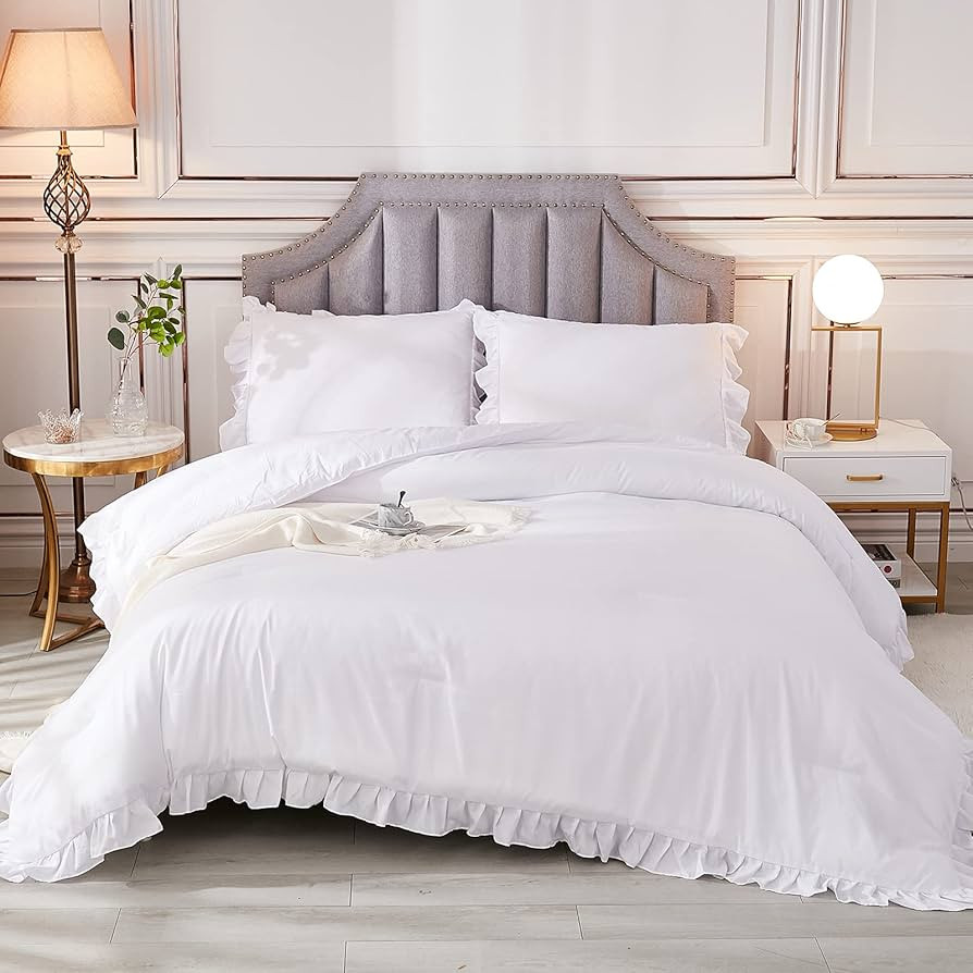 Andency White Comforter Full Size, 3 Pieces Solid Farmhouse Shabby Chic Ruffle Bedding Sets, All ... | Amazon (US)