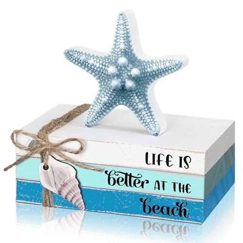 Spiareal 4 Pcs Summer Beach Table Decoration Starfish Seashell Tiered Tray Decorations Wooden Block Stacked Book Rustic Nautical Decoration Beach Room Decor for Tabletop Shelf Mantel Home Office Desk | Amazon (US)