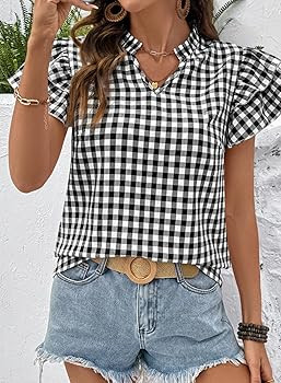 SHEWIN Womens Tops V Neck Ruffle Short Sleeve Gingham Shirts Blouses Cute Summer Tops for Women 2... | Amazon (US)