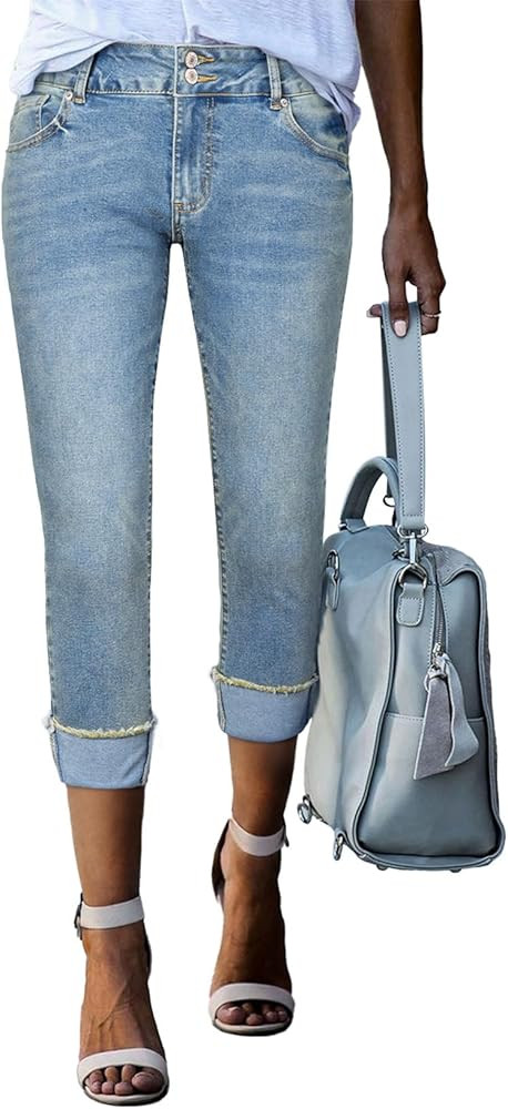 Sidefeel Women's Capri Jeans High Waisted Stretchy Roll-up Skinny Cuffed Cropped Zimbaplatinum Su... | Amazon (US)