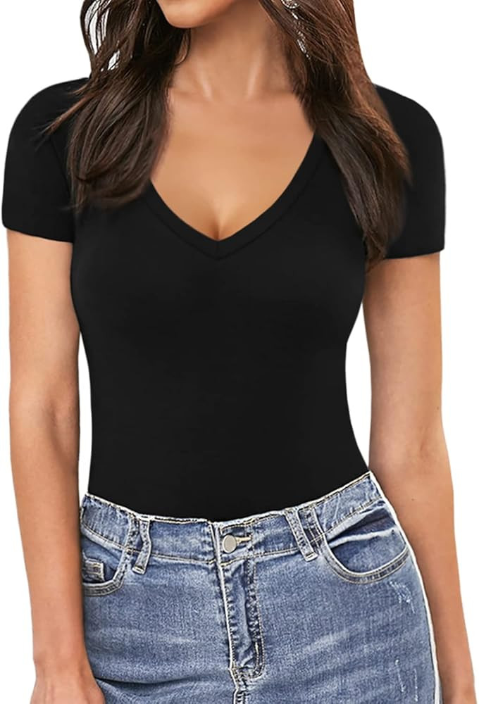 Amazon.com: MANGOPOP Deep V Neck Short Sleeve Long Sleeve Tops Sexy Bodysuit for Women Clothing (... | Amazon (US)