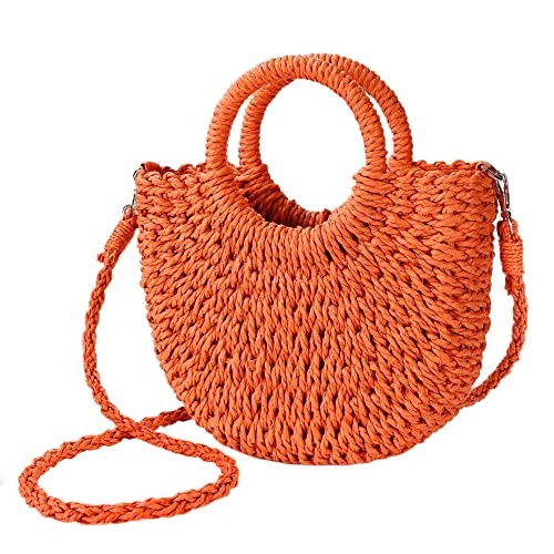 Womens Straw Beach Bag Woven Crossbody Shoulder Bags Top Handle Satchel Handbag Purse for Summer (Orange) | Amazon (US)