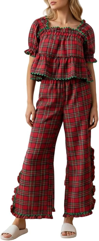 Mxiqqpltky Christmas Pajamas for Women Set Ruffle Plaid Pj Set Short Sleeve Tops and Pants Y2k Gi... | Amazon (US)