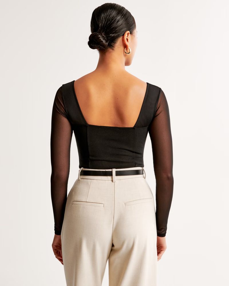 Women's Long-Sleeve Mesh Crepe Sweetheart Bodysuit | Women's Tops | Abercrombie.com | Abercrombie & Fitch (US)