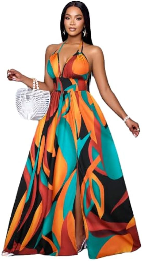 SKAYS Womens Summer Halter V Neck Sleeveless Flowy Casual Boho Backless Elegant Long Maxi Dress | Amazon (US)