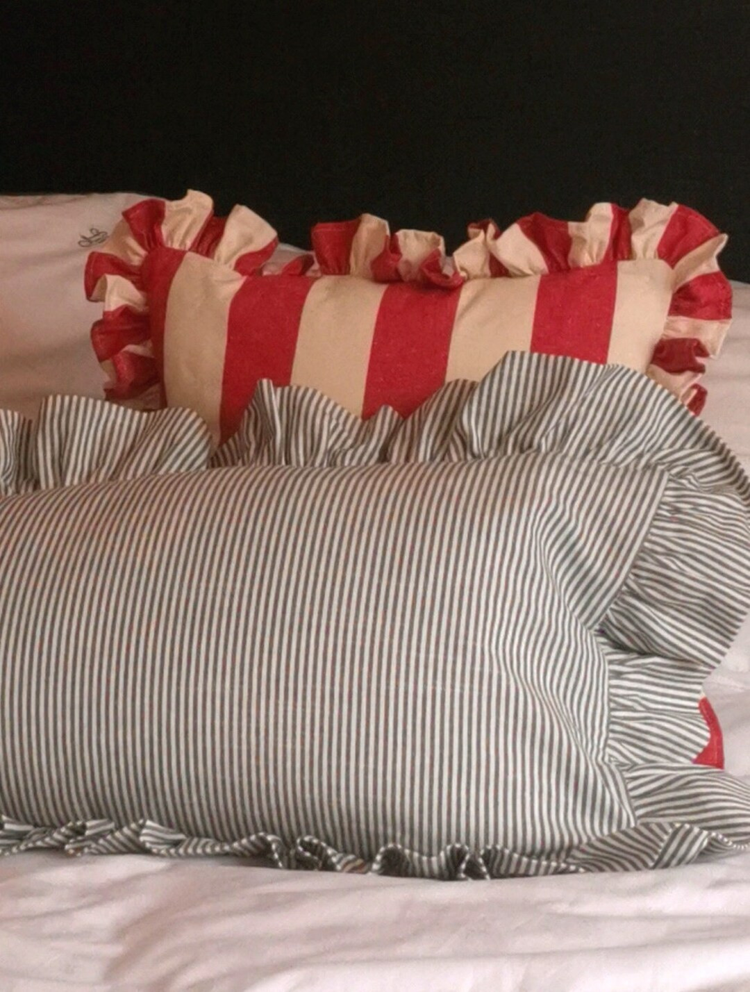 Our Luxurious Extra Long Striped Ruffled Lumbar Rectangle Handmade in Clarke and Clarke Muted Gre... | Etsy (US)