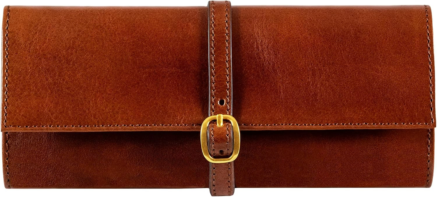 Time Resistance Leather Jewelry Roll - Full Grain Leather Travel Jewelry Case - Jewellery Organizer Made in Italy (Cognac Brown) | Amazon (US)