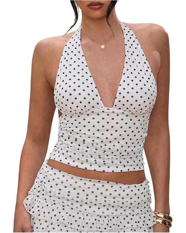 Milumia Women's Polka Dots Tie Backless Mesh Halter Crop Top Deep V Neck Ruched Party Club Tank T... | Amazon (US)