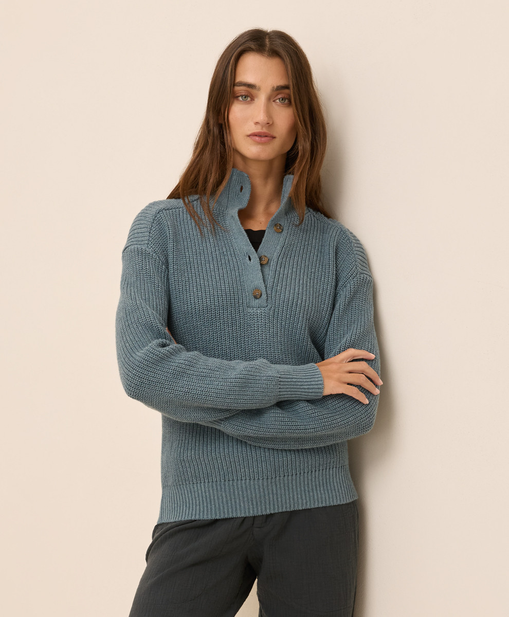 Women's River Rock Heather Luxe Knit Henley Sweater L | Pact Apparel