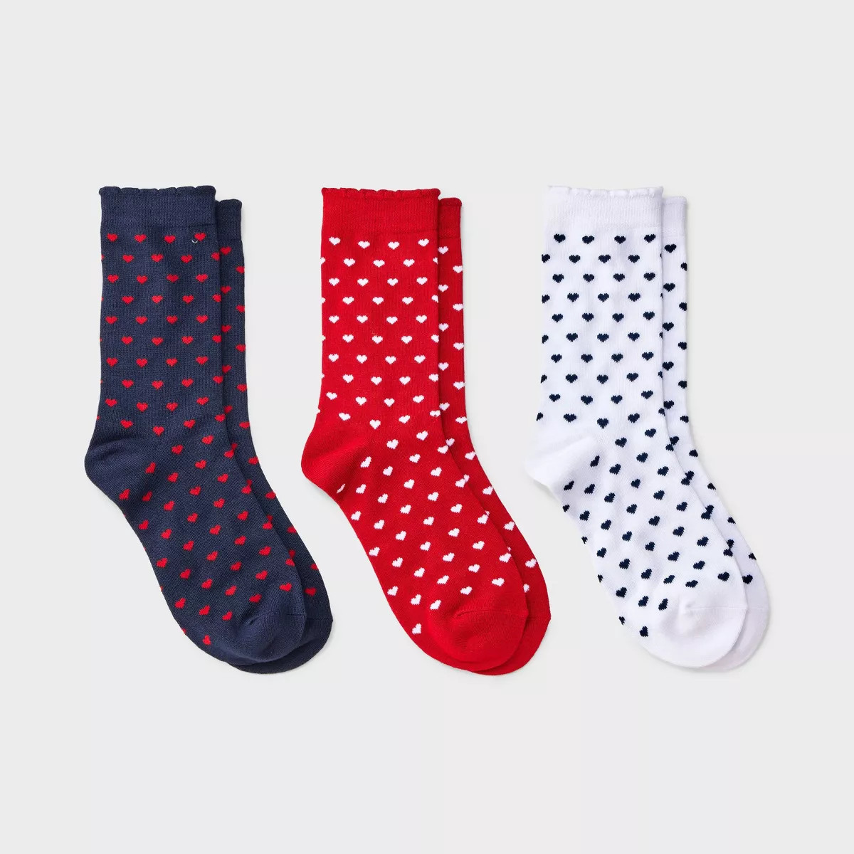 Women's Mini Hearts Scallop Cuff Valentine's Day 3pk Crew Socks - Navy/Red/White 4-10 | Target