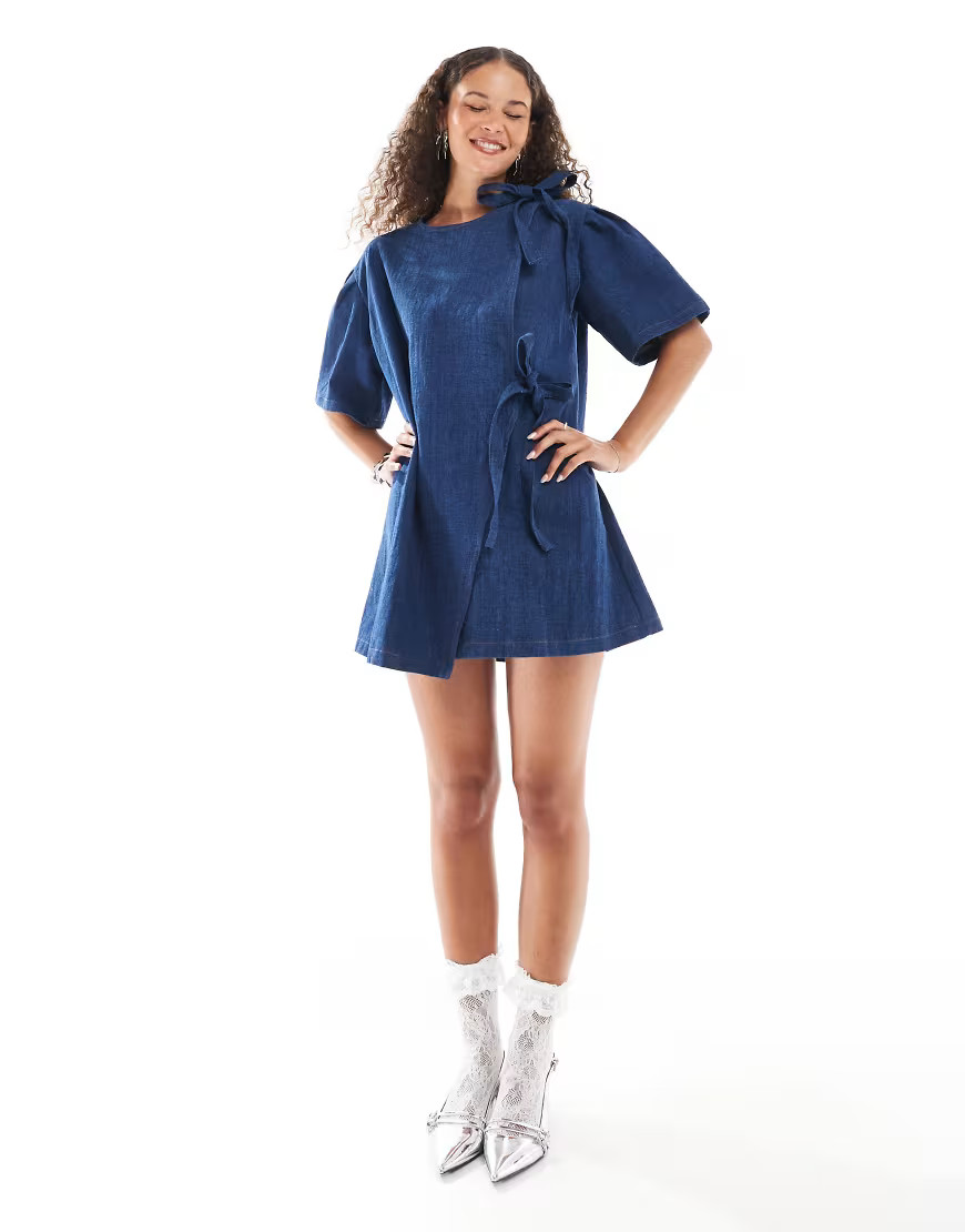 Ghospell bow detail textured mini dress in dark wash denim-Blue | ASOS (Global)