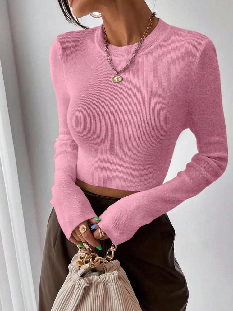 EMERY ROSE Women's Casual Everyday Commute Minimalist Solid Color Fitted Cropped Pullover Sweater... | SHEIN