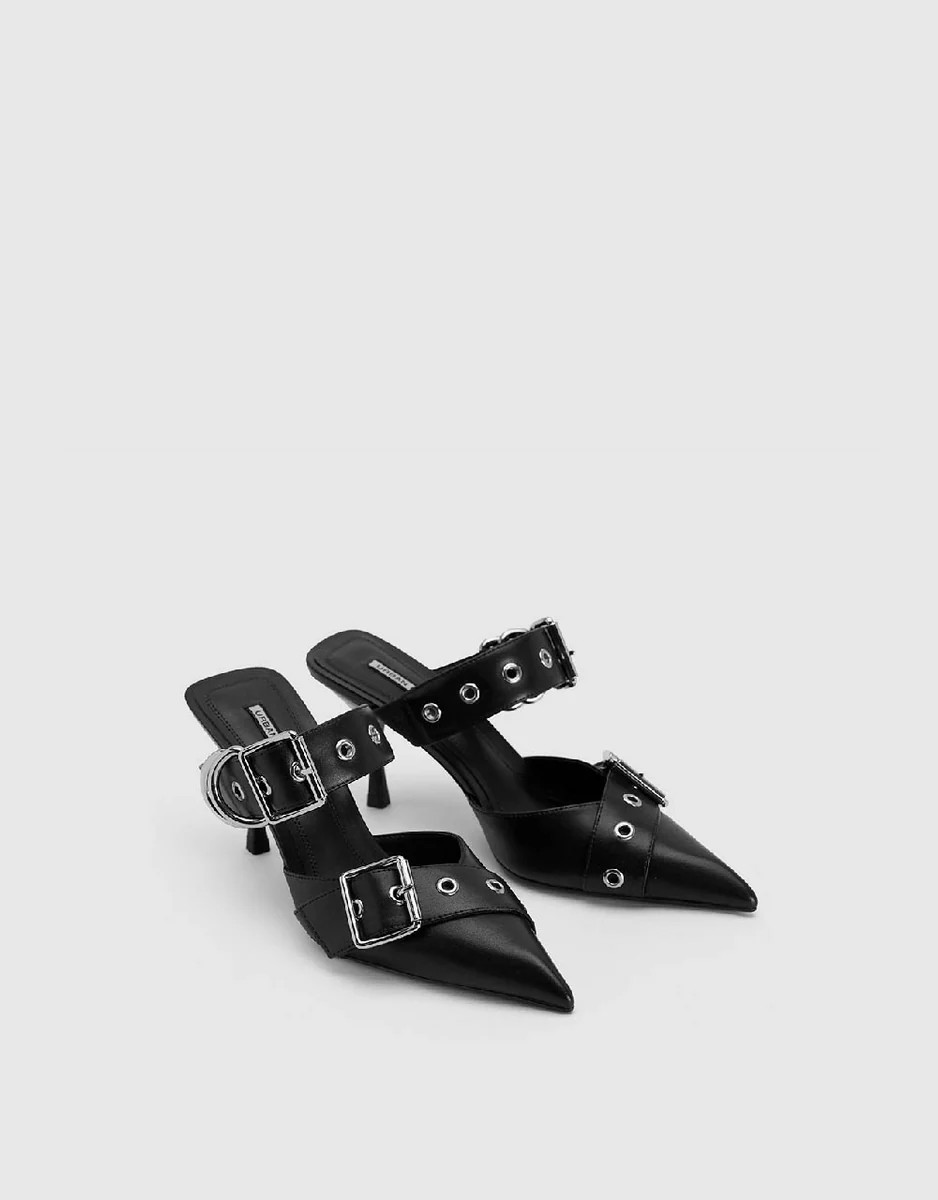 Double Buckles Pointed Toe Heeled Mules | Urban Revivo