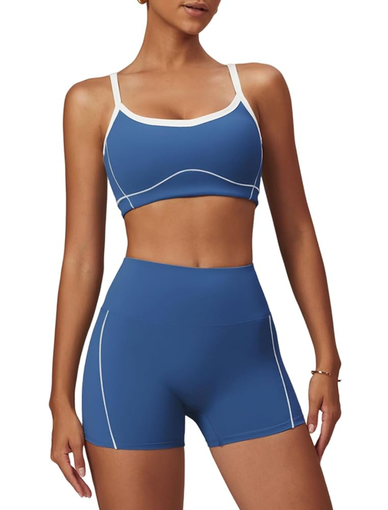 Two Piece Women Workout Sets Color Block Sports Bra and Scrunch Butt Lifting Shorts Gym Yoga Acti... | Amazon (US)