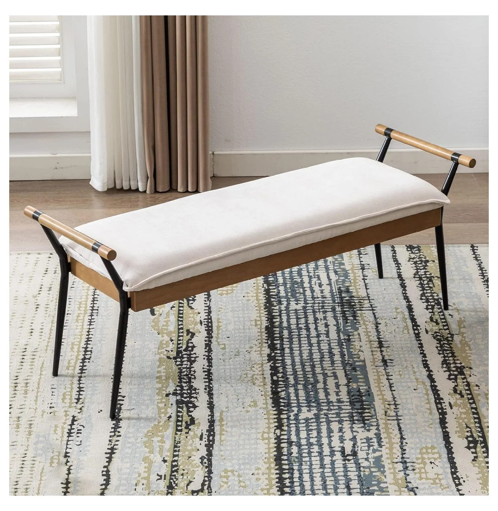 Gexandy Modern Rectangle Ottoman Bench with Arms and Metal Legs, Century Chenille Fabric Dining T... | Walmart (US)