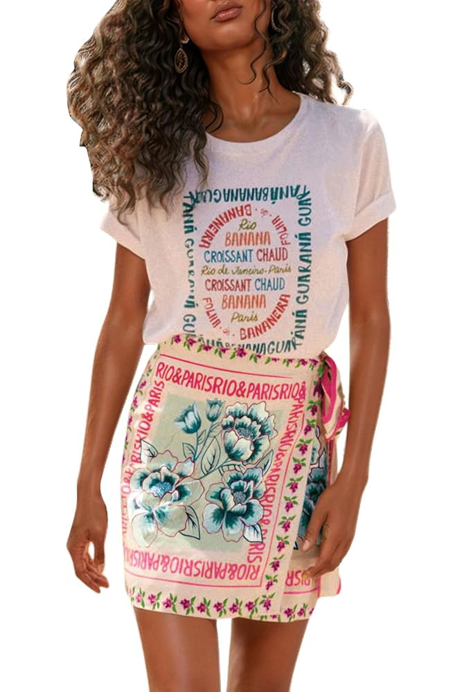 CHARTOU Women's Summer Floral Print Wrap Short Skirt Knot Side High Waist A Line Beach Mini Skirt | Amazon (US)