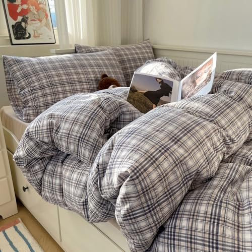 mixinni King Duvet Cover Set - 3 Piece Vintage Buffalo Plaid Bedding, 100% Washed Cotton Duvet Cover with 2 Pillowcases, Soft & Breathable Navy Beige White Geometric Grid Pattern for All Seasons | Amazon (US)