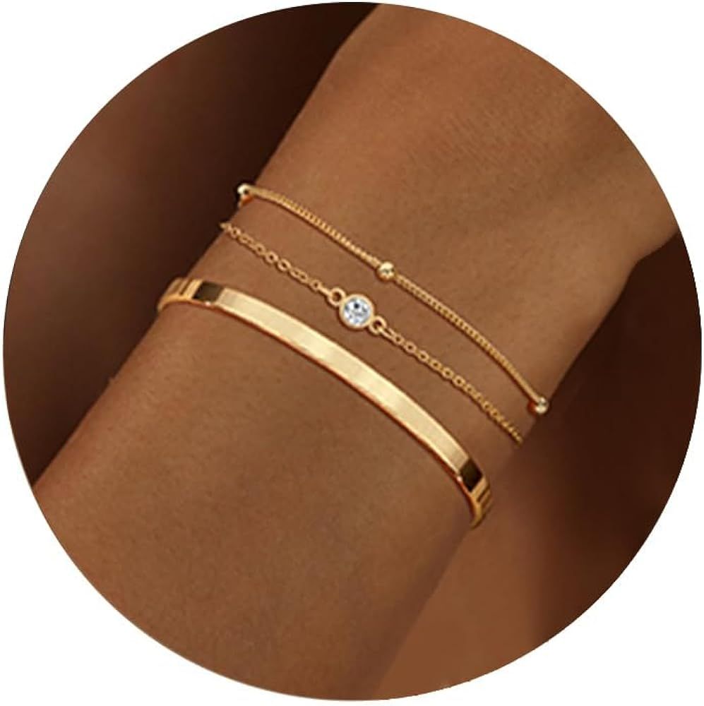 Moodear Gold Bracelet for Women 14K Real Gold Bracelet Sets for Women Dainty Snake Chain Bracelet... | Amazon (US)