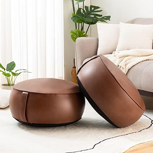 LUE BONA Stuffed Pouf Ottoman Set of 2, Round Faux Leather Pouf, Dark Brown Floor Pouf Ottoman wi... | Amazon (US)