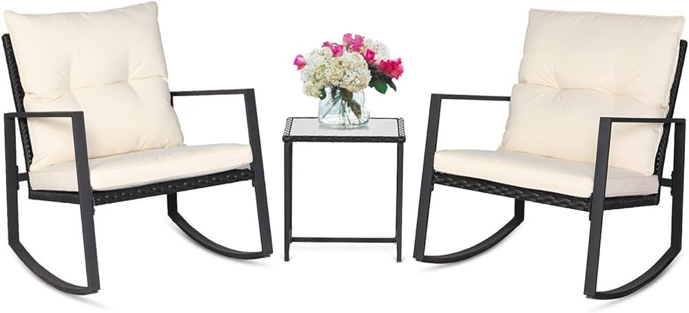 SUNCROWN 3 Piece Outdoor Rocking Bistro Set Black Wicker Furniture Porch Chairs Conversation Sets... | Amazon (US)