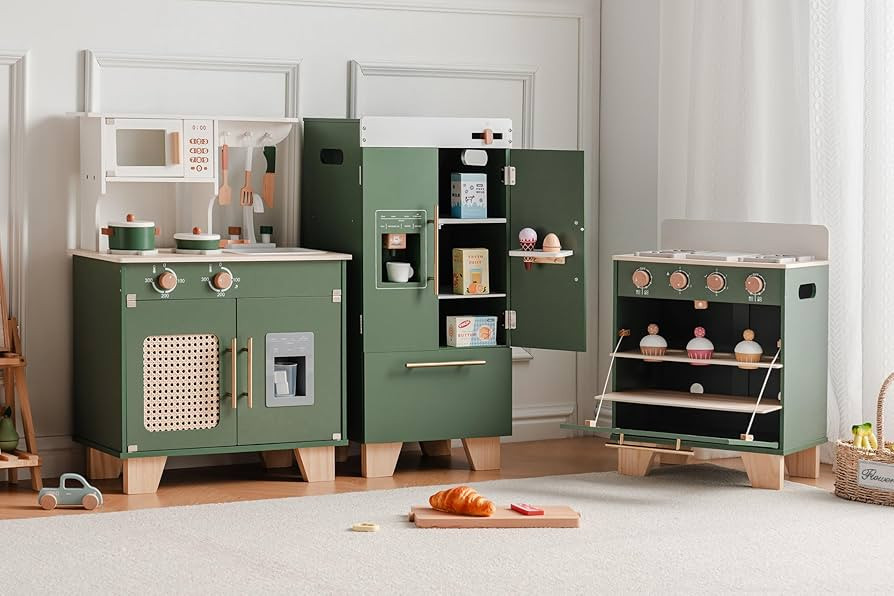 ROBOTIME Play Kitchen with Toy Fridge, Toy Oven, Wooden Kids Kitchen Play Set, Toy Kitchen Set fo... | Amazon (US)