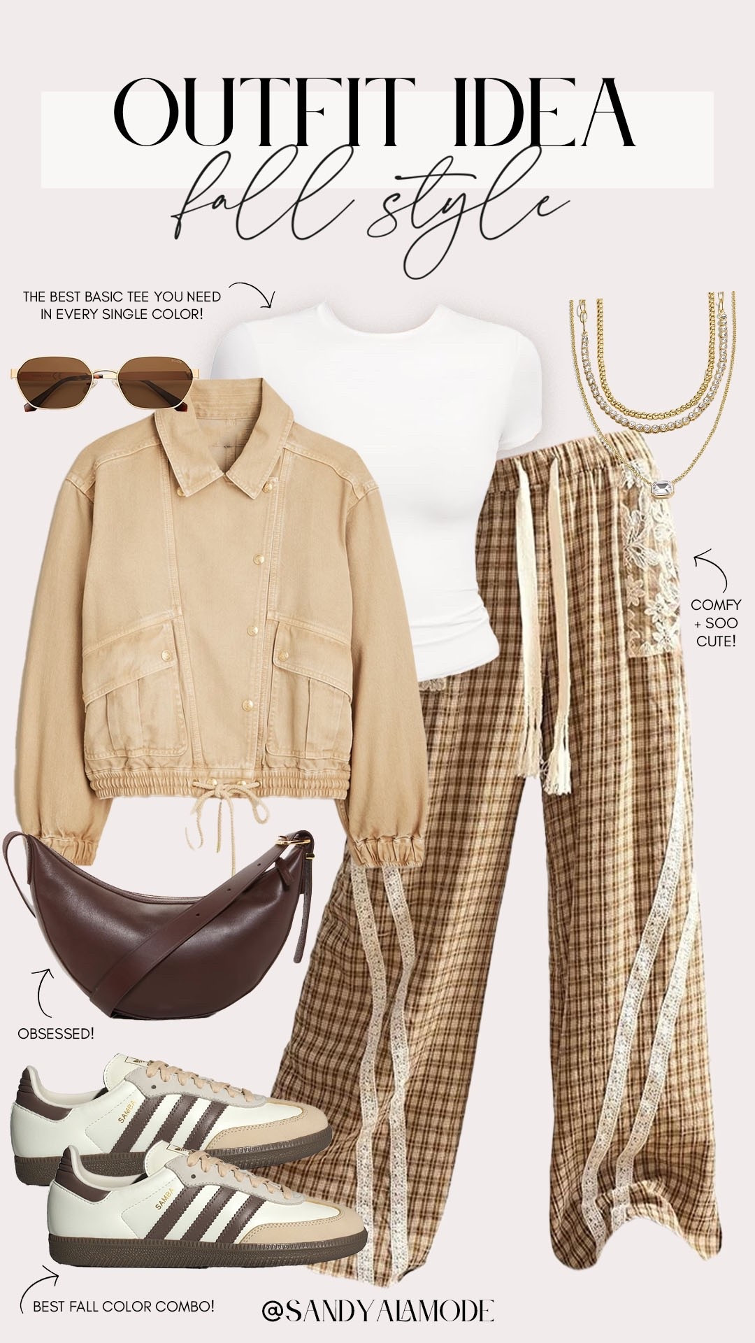 Comfy casual fall outfit. Amazon designer inspired pants. Neutral fall style. Trendy sling handbag. Trendy fall jacket. Skims style tshirt. Amazon fashion. Neutral summer to fall outfit idea. Neutral brown adidas sneakers  

#LTKFindsUnder100 #LTKSeasonal #LTKStyleTip
