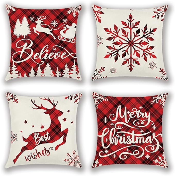 Merry Christmas Reindeer Pillow Covers 18x18 for Patio, Christmas Snowflake Plaid Check Pillows C... | Amazon (US)