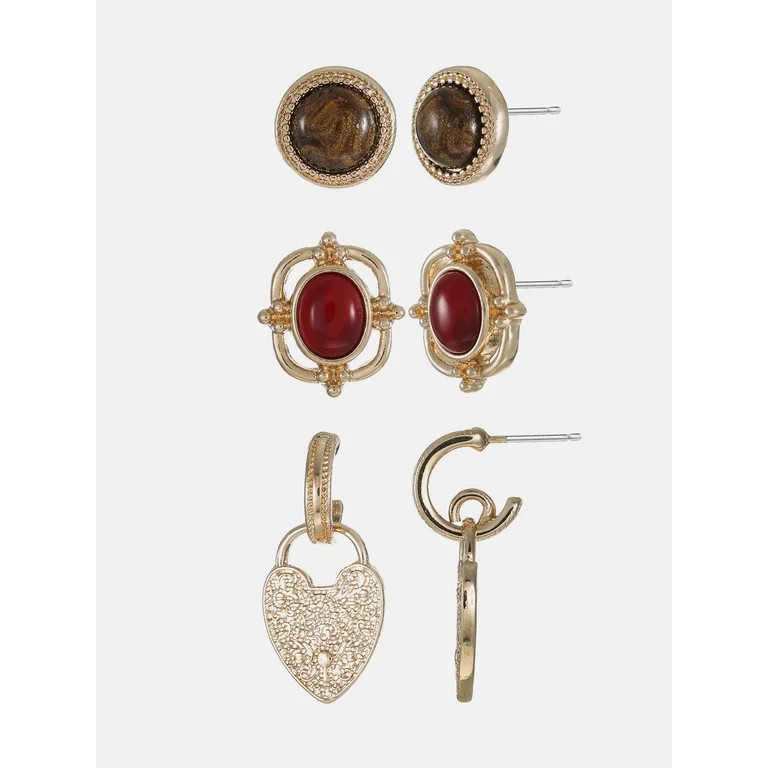 Scenario Ornate Stud and Hoop Earrings, Gold-Tone, 3-Pair Set | Walmart (US)
