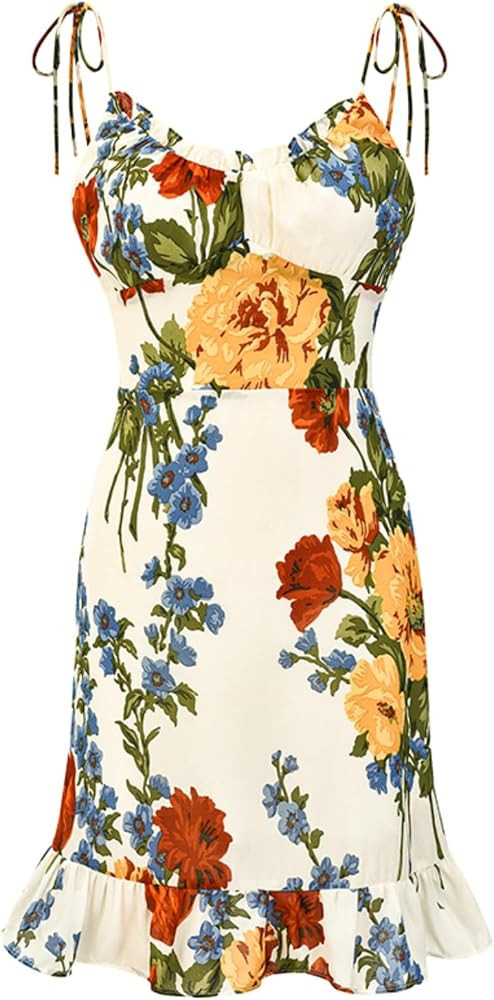 Floral Sundress for Women, Flower Print Spring Trendy Cute Mini Dress with Adjustable Straps & Ru... | Amazon (US)