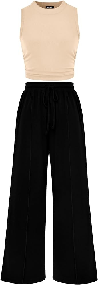 BTFBM Women Summer 2 Piece Outfits 2025 Beach Crew Neck Sleeveless Cropped Top Elastic Waist Wide... | Amazon (US)