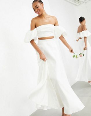 ASOS EDITION satin bandeau crop top and full maxi skirt in Ivory set | ASOS (Global)