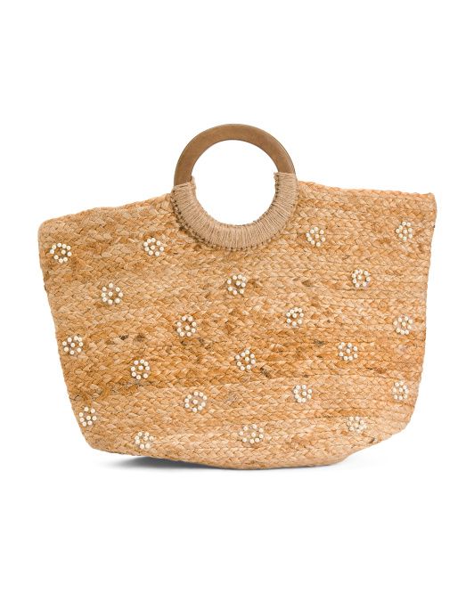 Jute Tote With Pearl Flowers | TJ Maxx