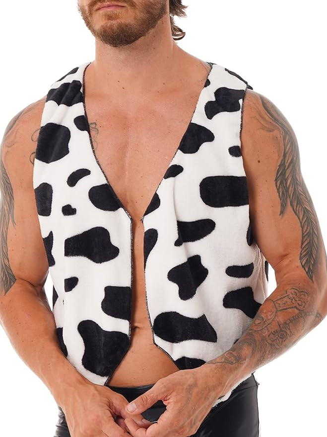 TiaoBug Men's Cow Print Adult Vest Festival Halloween Costume Sleeveless Open Front Short Coats | Amazon (US)