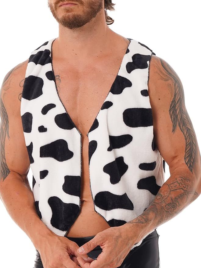 TiaoBug Men's Cow Print Adult Vest Festival Halloween Costume Sleeveless Open Front Short Coats | Amazon (US)