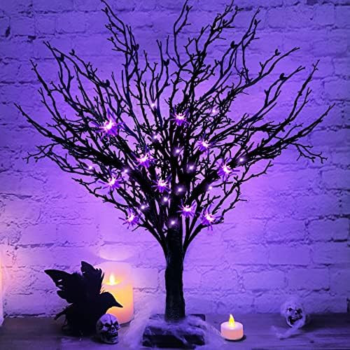 TURNMEON 2FT Prelit Halloween Black Tree Decor with Timer, 25 Spider & 24 Purple Lights Halloween... | Amazon (US)
