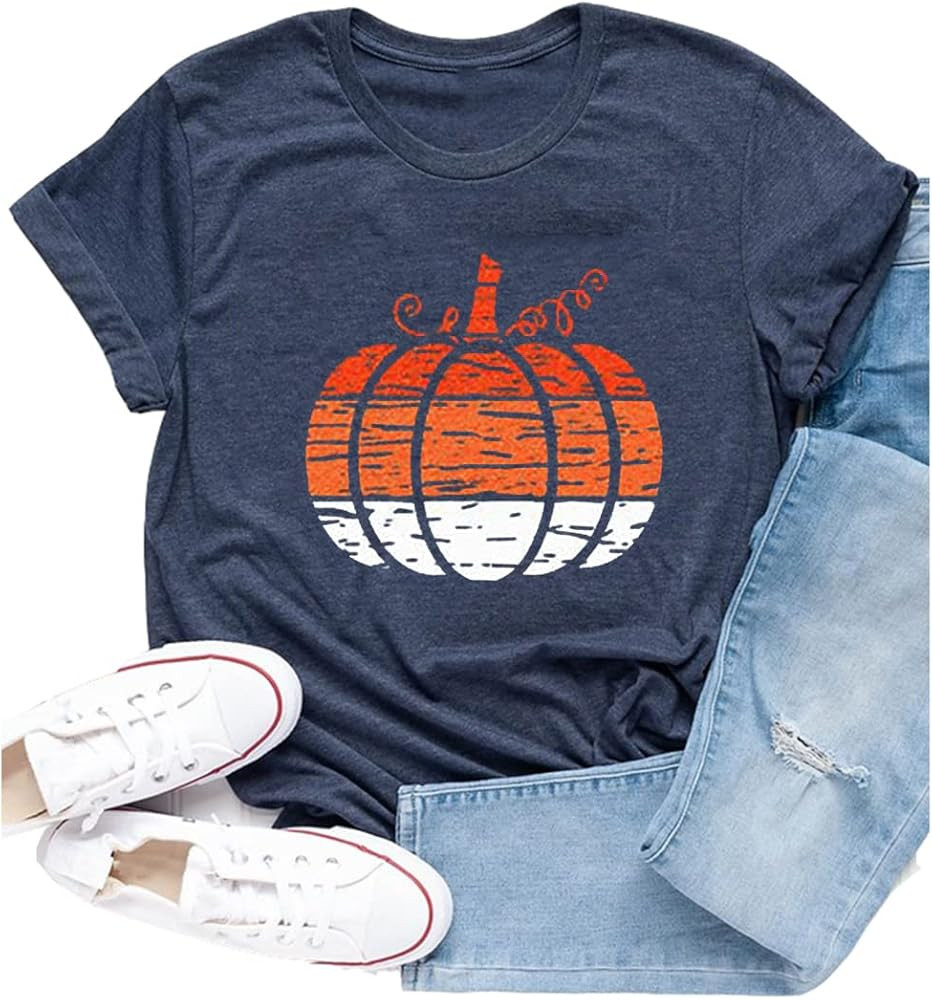 Ykomow Fall Pumpkin Shirts Womens Casual Autumn Thanksgiving Graphic Tees Halloween Tops | Amazon (US)