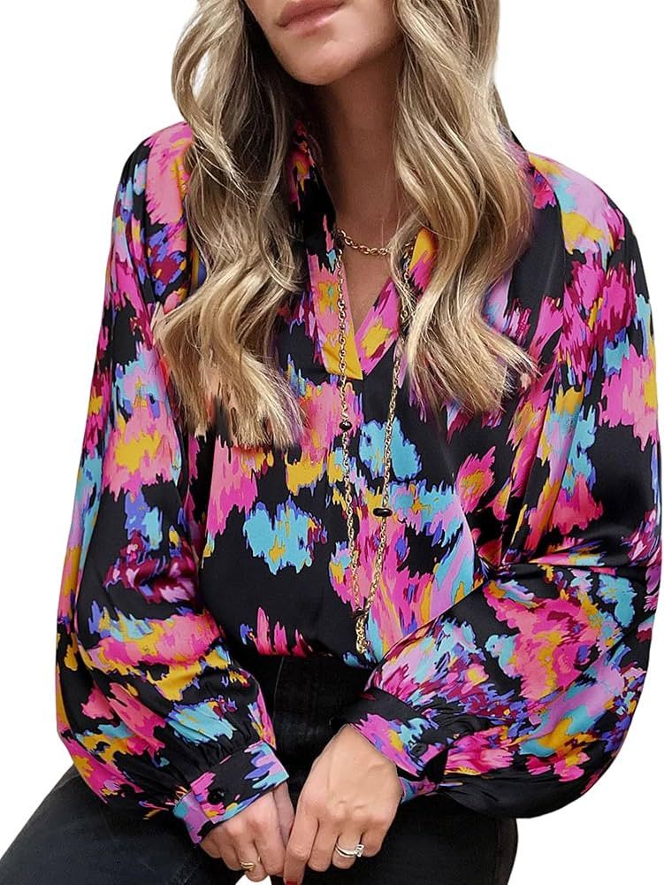 BTFBM Women's Casual Boho Blouse Tops Abstract Print Lapel V Neck Lantern Long Sleeve Summer Spri... | Amazon (US)