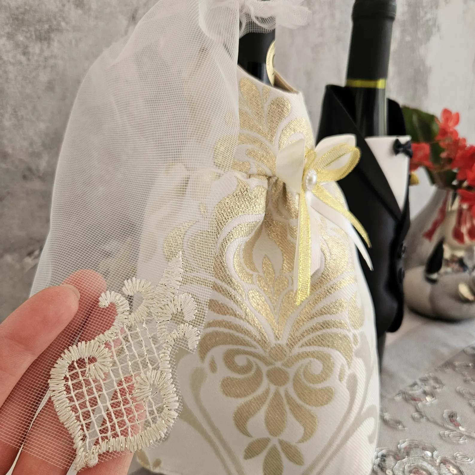 Bride Groom Bottle Covers Set, Rustic Wedding Table Decor, Gold Wine Bottle Dress Set, Bridal Sho... | Etsy (US)