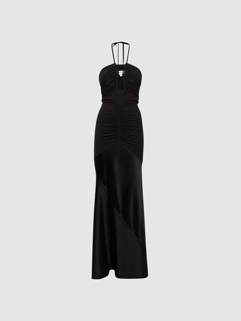 Reiss Black Thalia Fitted Plunge Neck Satin Maxi Dress | Reiss UK